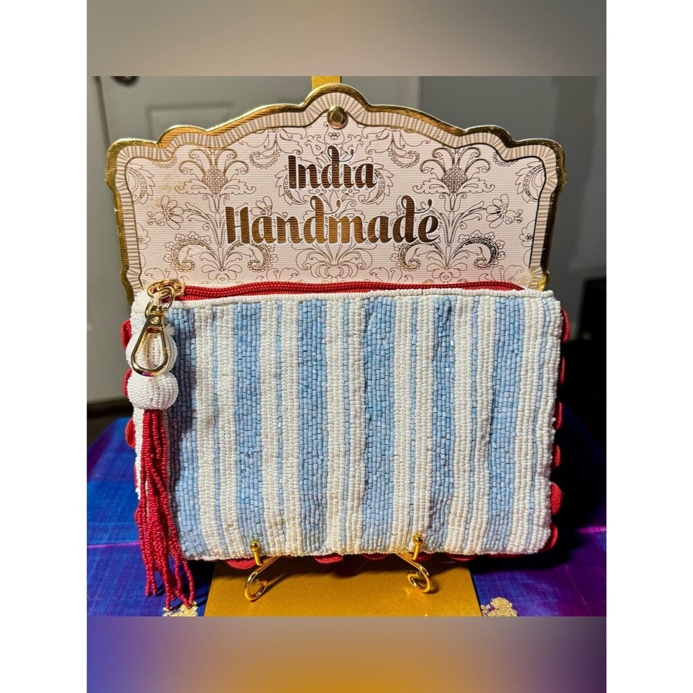 NWT India Handmade Blue White Striped Beaded Zipper Pouch Clutch